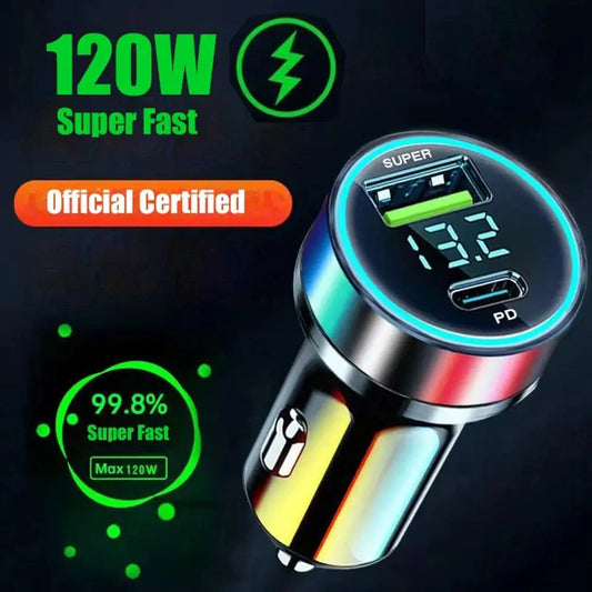 120W USB Car Charger Type C Fast Charging Phone Adapter LED Digital Display Cigarette Lighter in Car For iPhone Xiaomi Samsung