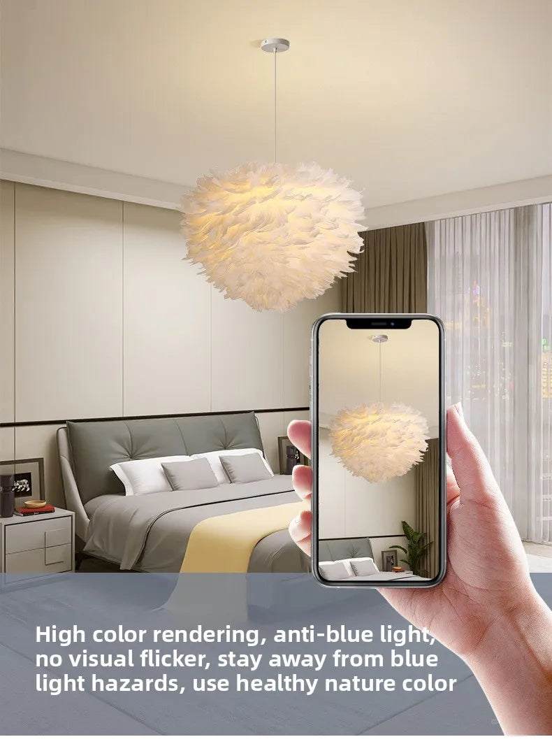 Nordic Feather Bedroom Pendant, Modern and Minimally Creative Home Lighting White Feather Living Room Home Decoration Lighting