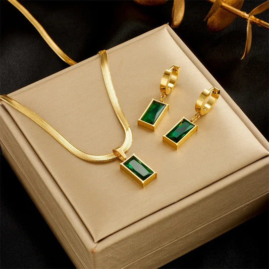 AKOL 316L Stainless Steel Rectangle Green Crystal Zircon Pendant Necklace Earrings For Women Fashion Party Jewelry Set